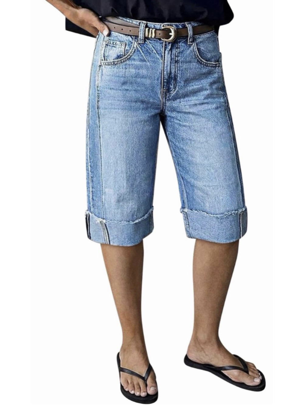 Flamingals Womens Straight Leg Mid Rise Bermuda Denim Shorts XS